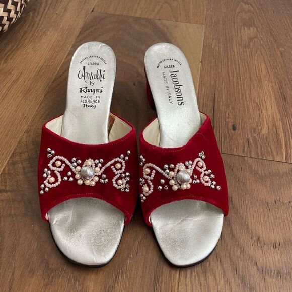 70s Amalfi by Rangoni Red Velvet Open Toe Mules Block Heel 7.5 Narrow - Picture 2 of 9